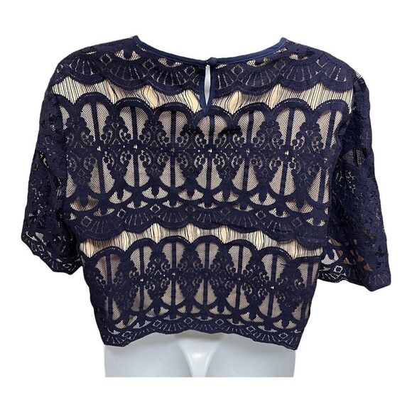 {tl} The Letter Top Women’s L Blue Crop Lace Mesh Abstract Romantic Short Sleeve - Picture 10 of 14